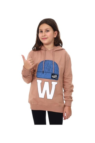 Çocuk Bere Baskılı Ve İşlemeli Kapüşonlu Sweatshirt-13410-kahverengi Kahverengi