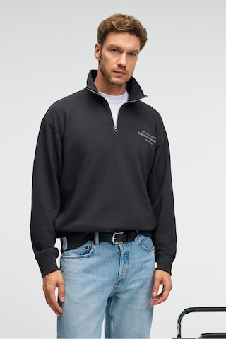 Grımelange BRAM Erkek %100 Pamuk Dik Yakalı Yarım Fermuarlı Baskılı Antrasit Sweatshirt