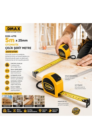 12 Adet 5mt X 25mm Otomatik Çelik Şerit Metre Stoplu 4741 0.004 M - 0.032 M