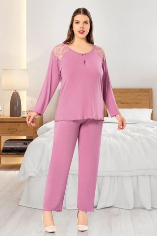 Faal 8804 Kadın Büyük Beden Uzun Kollu Dantel Detaylı Pijama Takım-gülkurusu GÜL KURUSU