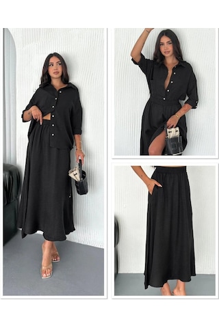 Ahes Shopping Kadın Keten Kumaş Gömlek Ve Etek Ikili Takim Siyah