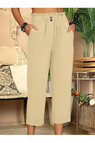 Soonaksesuar Kadın Bel Büzgü Ve Düğme Detay Kapri Keten Pantolon Bej