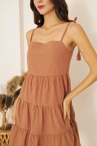 Camel Askısı Boncuklu Püsküllü Eteği Volanlı Mini Elbise Dm1038