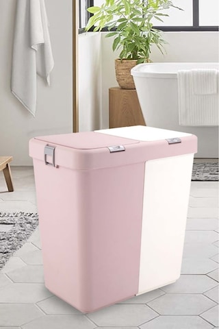 Pembe-beyaz Mote Ikili Dokunmatik Kirli Çamaşır Sepeti 2 Bölmeli Dokunmatik Kapak 80lt,