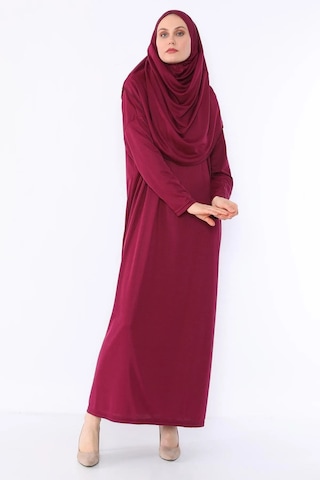 Pratik Başörtülü Tek Parça Namaz Elbisesi Bordo-21015 Gül Kurusu