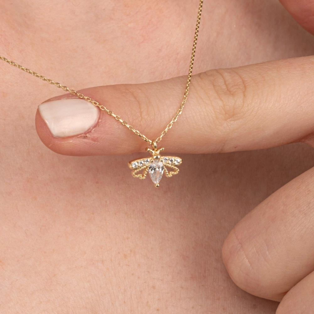 Gümüş Kolye - Oval Zirkon Taşlı Arı 925 Ayar Gümüş Kolye Sarı