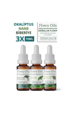 Flowy Oils Biberiye + Nane + Okaliptüs Doğal Bitkisel Uçucu Yağ 3 x 10 ML