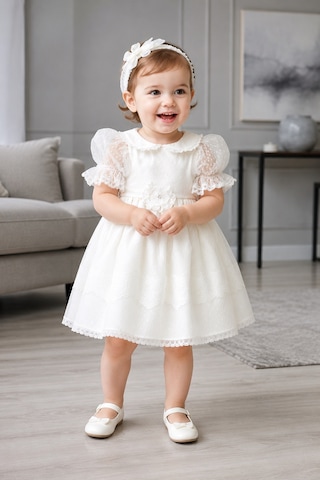 Babyhola Dantel Detay Özel Tasarım Kız Bebek Çocuk Abiye Elbise Saç Bandı Mevlüt Doğum Günü Set 7029 Ekru