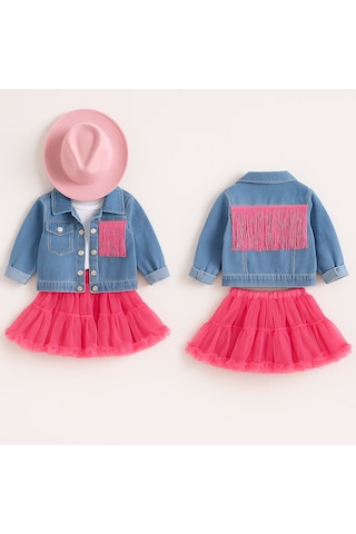 Kız Çocuk Püsküllü Kot Ceket Ve Tütü Etek Alt Üst Takım Trend Moda Yeni Sezon Pembe - Mavi