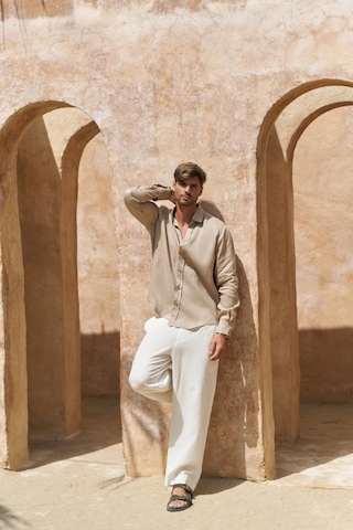 Mai Collection Mai Studios Co. Agnola Oversize Erkek Bej Keten Gömlek Bej