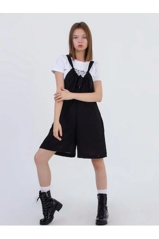 Zekids Kız Çocuk Askılı Kısa Tshirt İle Takım Keten Tulum-13784 Siyah