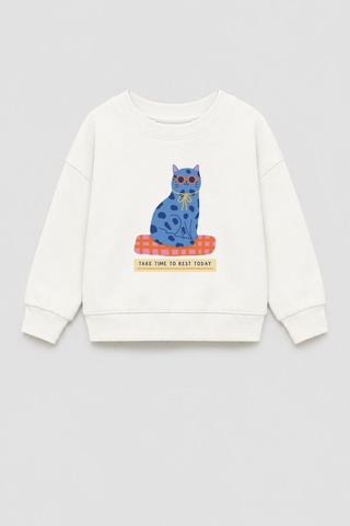 Monila Kız Çocuk 3 İplik Kumaş Pamuklu Mavi Kedi Baskılı Sweatshirt Ekru