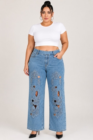 Zanessi Fashıon Büyük Beden Beli Lastikli Bol Paça Nakışlı Denim Kadın Pantolon Mavi