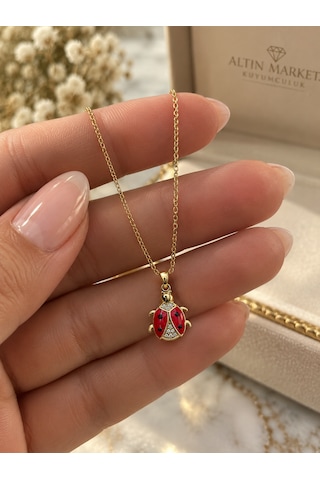 14 Taşlı Ve Kırmızı Mineli Uğur Böceği Altın Kolye