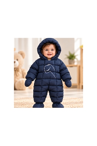Maxx Kleın Bebek Erkek Çocuk Lacivert Kapüşonlu Şişme Astronot Tulum Dinozor Figür Detaylı Patikli Kışlık Bebek Kozmonot Tulum 3-6 6-9 9-12 12-18 18-24 Ay