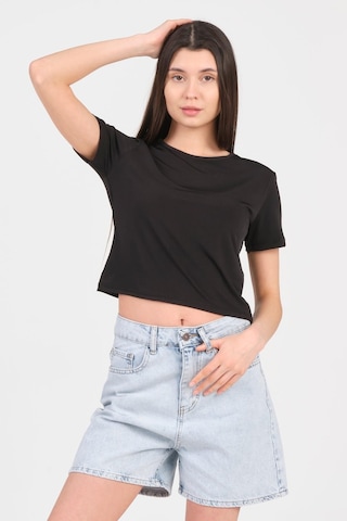 As Collection Siyah Bisiklet Yaka Kısa Kol Sandy Kadın Crop Siyah