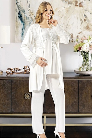Xses 2195 Kadın Hamile Lohusa Sabahlıklı Pijama Takım-ekru