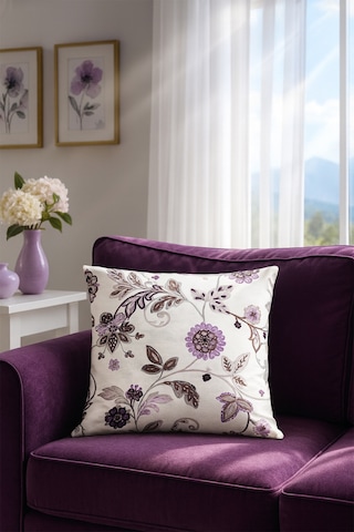 Duck Çiçekli Kırlent Kılıfı Bej Lila V1 40x40 Bej