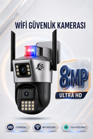 8mp Wifi 2 Kameralı Siren Alarmlı Uyarı Işıklı Gece Görüşlü Adaptörlü Güvenlik Kamerası