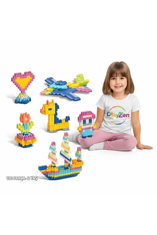 Playzen Constructo Yapı Oyuncağı, Renkli Tasarım Ve İnşa Seti, 100 Parça, 3+ Yaş