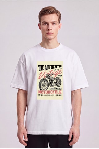 Black Nova Oversize Baskılı Unisex %100 Pamuk T-shirt Vintage Motorcycle Beyaz