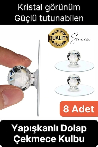 8 Adet Dekoratif Güçlü Tutunabilen Yapışkanlı Kristal Kapak Çekmece Dolap Kulp Seti Tutacak Kulbu Çok Renkli
