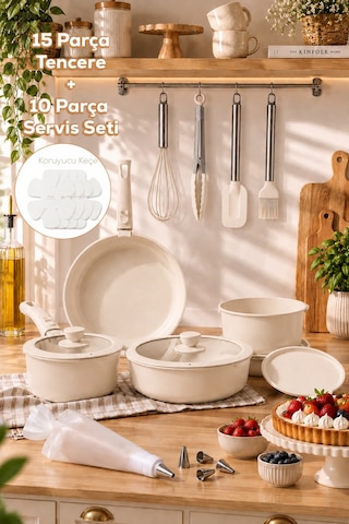 Porsima Perotti 25 Parça Mutfak Seti - 15 Parça İndüksiyonlu Seramik Kaplama Tencere Tava Seti - 10 Parça Pasta Ve Tatlı Servis Seti Beige Bej