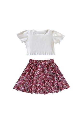 Çocuk Etekli Crop Takım, Çiçekli Gülkurusu Etek - Ekru Crop Ekru -gulkurusu1 Ekru - Gülkurusu