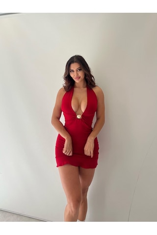 Pink Life Kırmızı Askılı Toka Ve Göğüs Dekolteli Mini Elbise Kırmızı