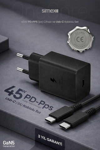 Simex Samsung S22-s23-s24-s25-s26 Uyumlu 45w Usb-c Şarj Seti Aleti Cihazı Adaptörü 5a Kablo Sps-18