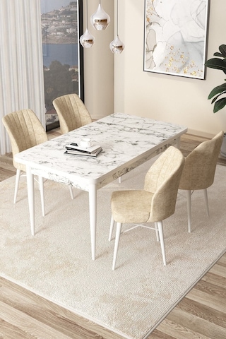 Canisa Concept Arp Serisi 70x110 Sabit Mutfak Masası Takımı Beyaz Mermer Desen Masa 4 Krem Sandalye Masa Beyaz/sandalyeler Krem
