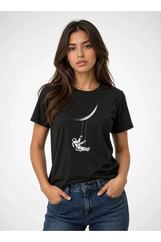 Defymoda Astronot Ay Temalı Tişört Kısa Kol Yazlık Bisiklet Yaka T-shirt - Siyah