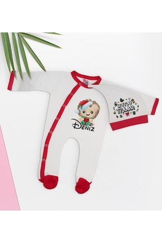 Bk Kids Bk Gift Kişiye Özel Yılbaşı Temalı Tulum Zıbın Ve Kukuletalı Şapka Seti-2 Çok Renkli