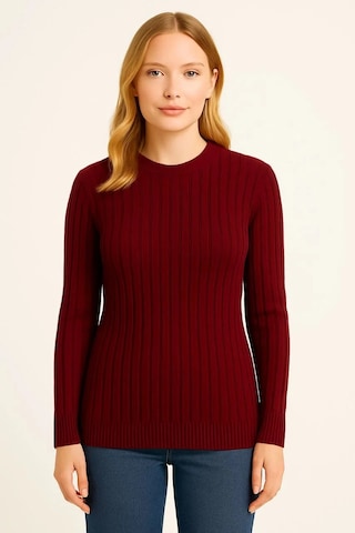 Kadın Bisiklet Yuvarlak Yaka Triko Kazak Pamuklu Kalın Fitilli Dokuma, Regular Fit Uzun Kollu Kışlık Bordo