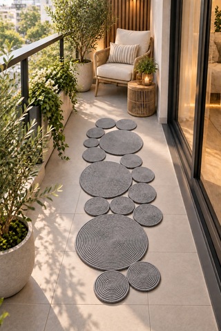 Bohem Asimetrik Jüt El Yapımı Yuvarlak Detaylı Jüt Hasır Görünümlü Dekoratif Kilim, Organik Form Modern Banyo Mutfak Koridor Halı Kilim Paspas Doğal Tasarım Gri 934606952 Gri