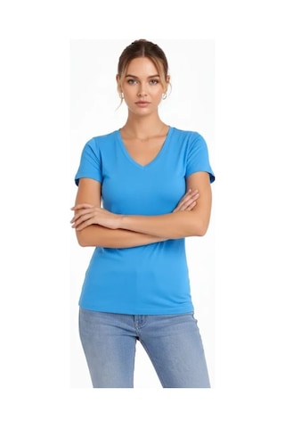 Valensdesign T-shirt V Yaka Slim Fit Likralı Tişört Günlük Basic Body - Açık Mavi