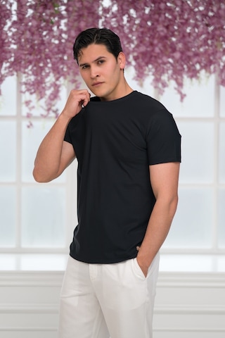 Paul Martin Slimfit Lyocell Kumaş Likralı Küçük Armürlü Bisiklet Yaka T-shirt Siyah