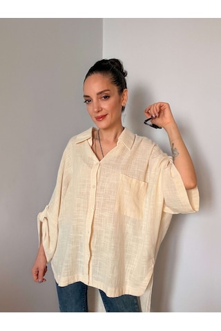 Ali Butik Krem Fakir Kol Oversize Keten Gömlek Krem