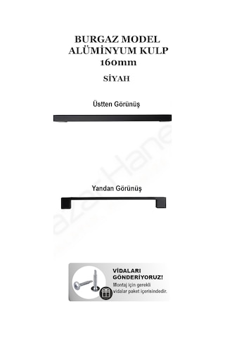 Burgaz Model Alüminyum Lüks Mobilya Dolap Çekmece Kulpu - Siyah 96/128/160/192/224mm Ölçü Seçenekleri Montaj Vidaları Dahil Siyah 160mm