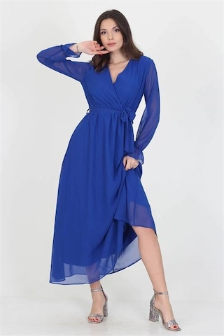 Dip Moda Kadın Kuşaklı Astarlı Uzun Şifon Elbise Dpnb003 Saks
