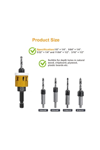 Xurunkeji 5 Adet Düşük Sürtünmeli Derinlik Durduruculu Havşa Matkap Ucu Seti, 10 Adet Yedek Hss Matkap Ucu, Ayarlanabilir Derinlik Durdurucu