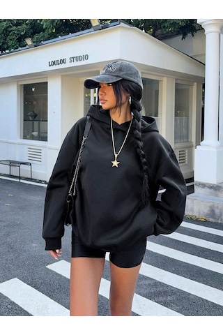 Afri Kadın Siyah Oversize Kapüşonlu Sweatshirt Taş Detaylı F Ck Off Yazılı Rahat Günlük Kapüşonlu Üst Siyah