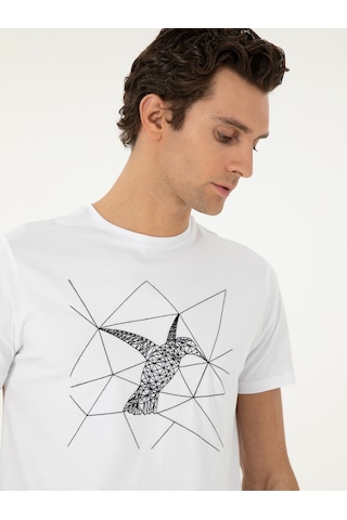 Beyaz Slim Fit Bisiklet Yaka Desenli T-shirt