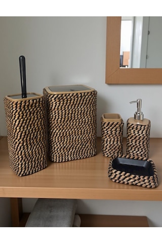 Doğal Dokulu Hasır Görünümlü 6 Parça Banyo Takımı Zarif Ve Modern Siyah
