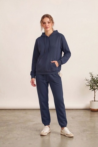 Moibody Kadın 3 İplik Şardonlu Eşofman Takımı Premium Kapüşonlu Sweatshirt Ve Jogger Alt Laci Lacivert Lacivert