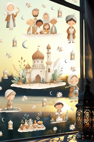 Ramazan Temalı Çift Taraflı Cam Sticker Seti Çocuklar İçin Sevimli İslami Figürler & Cami Tasarımları Dijital Baskı
