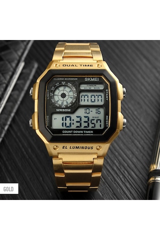 Yunboo Erkekler İçin Dijital Saat - Güneş Işığı, Stopwatch, Alarm, Hafta/gün Gösterimi - Paslanmaz Çelik Kordon - Altın Renk Çok Renkli