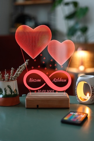 Sevgiliye Hediye Özel 3D 2 Kalp Led Gece Lambası