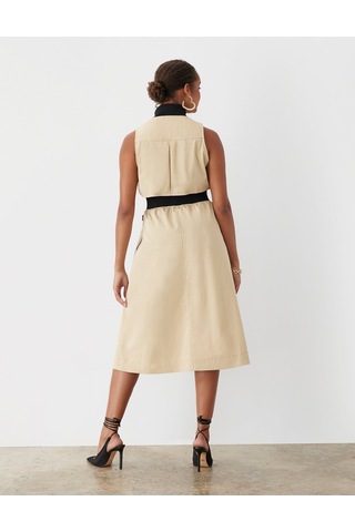 Kadın Dik Yaka Önü Fermuarlı Yırtmaçlı Baharlık Yazlık Beli Lastikli Şık Ceket Elbise Bej
