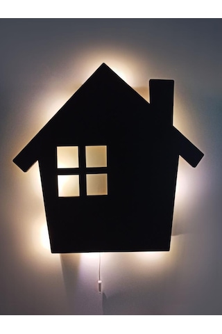 CajuArt Siyah Ev Şekilli Led Işıklı Ahşap Duvar Dekor Ahşap Tablo